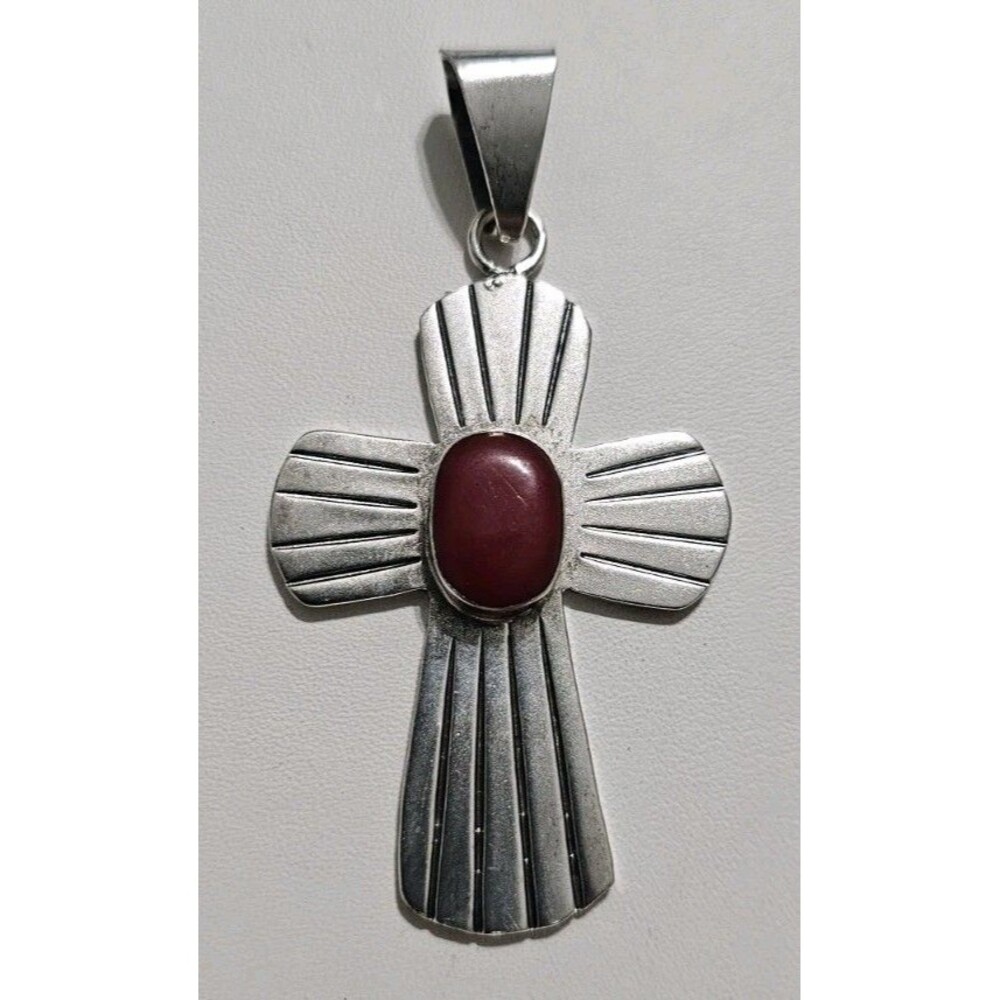 Vintage Chunky Sterling Silver Cross Pendant Red Jasper Stone, 925 Silver Cross